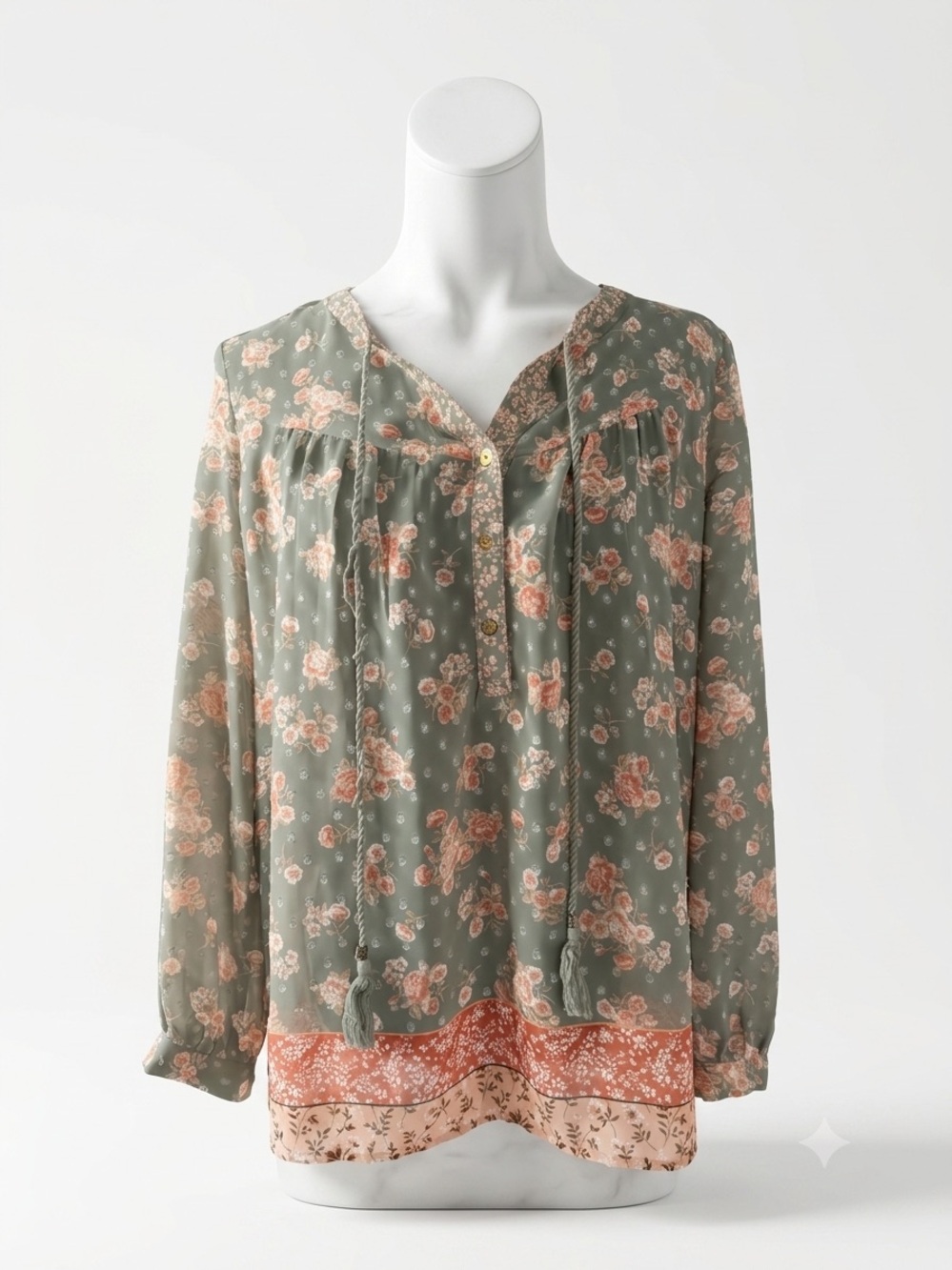 DR2 Sage Green Floral Peasant Blouse with‎ Peach Border